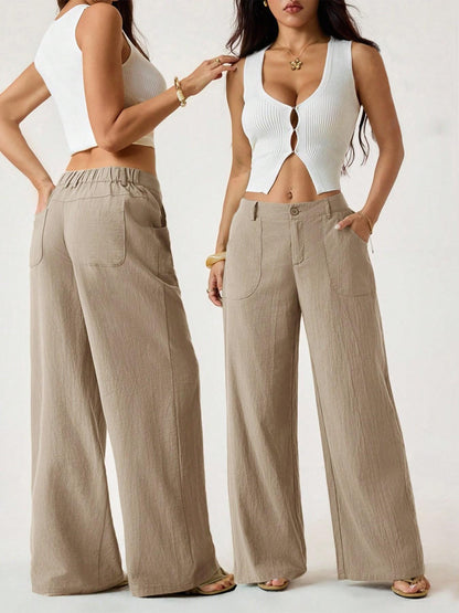 👖🌿 PROMO FLASH 50% ! Pantalon Large Femme Taille Haute – Mélange Coton-Lin Respirant, Poches Pratiques, Coupe Fluide, Style Bohème Chic & Polyvalent ✨