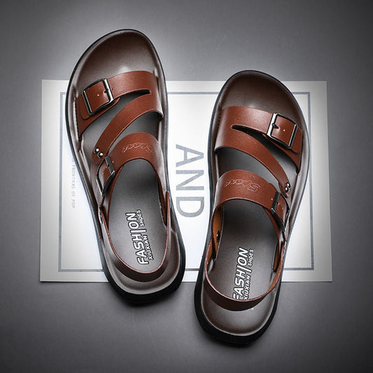 🔥👞 PROMO FLASH 50% ! Sandales de Plage en Cuir de Vachette pour Hommes – Semelle Caoutchouc, Antidérapantes & Respirantes, Bout Ouvert, Idéales Plage & Quotidien ✨