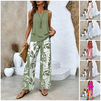 🌴👗 PROMO FLASH 50% ! Tenue 2 Pièces Femme Imprimée – Haut sans Manches & Pantalon Large, Tissu Doux, Style Bohème Chic & Polyvalent pour les Vacances ✨