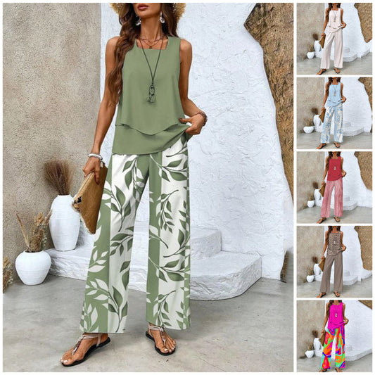 🌴👗 PROMO FLASH 50% ! Tenue 2 Pièces Femme Imprimée – Haut sans Manches & Pantalon Large, Tissu Doux, Style Bohème Chic & Polyvalent pour les Vacances ✨