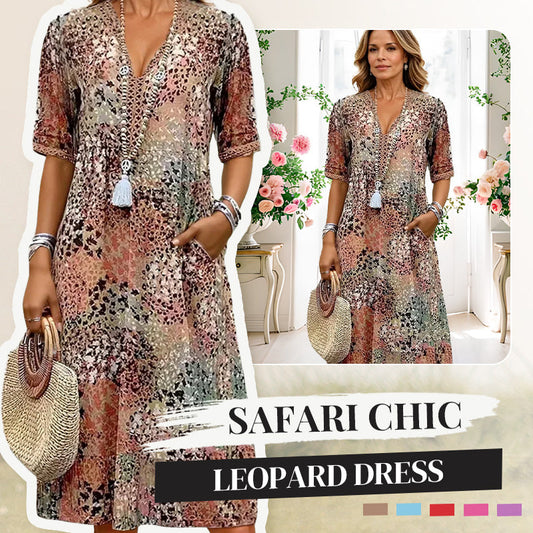 🔥🐆 PROMO FLASH 50% ! Robe Midi Léopard Femme Col V – Style Safari Décontracté, Poches, Lin & Coton, Idéale Quotidien & Loisirs ✨
