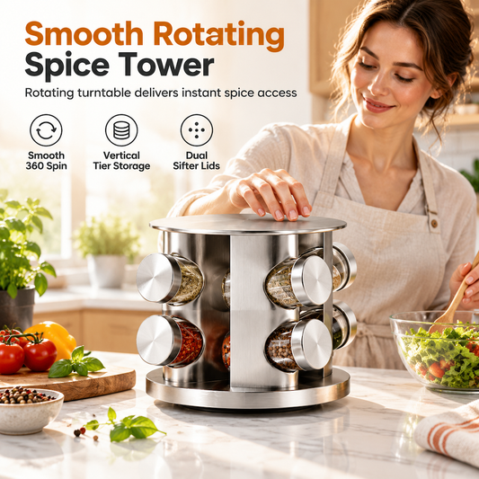 🔄🫙 PROMO FLASH : 50% DE RÉDUCTION ! Porte-Épices Rotatif 360° en Acier Inoxydable, Carrousel à Épices de Comptoir avec Bocaux en Verre & Bouchons Doseurs for une Cuisine Organisée et un Assaisonnement Précis en Toute Simplicité ✨