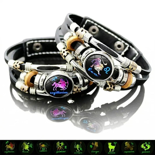♈ -50% ! ✨ Bracelet Zodiaque Lumineux en Cuir – 12 Signes – 17,5 / 20,6 cm – Homme & Femme – Cadeau Astrologique Unique 🌙