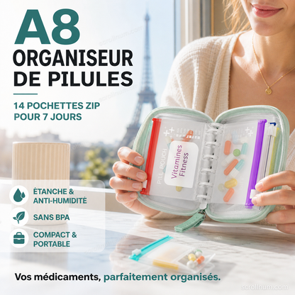 💊 -50% ! 🗂️ Organisateur de Médicaments A8 Étanche – EVA – 14 Pochettes Zippées – Code Couleur – 15×11 cm – Design Discret Sac/Portefeuille – Voyage et Quotidien 🌸