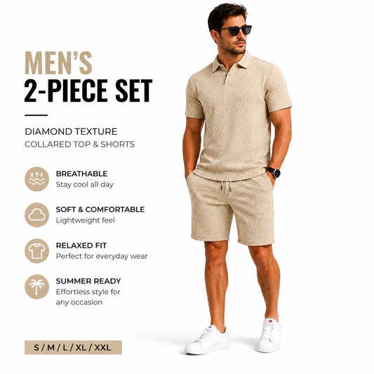 👔 50% DE RÉDUCTION – OFFRE LIMITÉE ! ✨ Ensemble 2 Pièces Homme Losange – Polyester – Haut à Col + Short, Coupe Confortable for Été