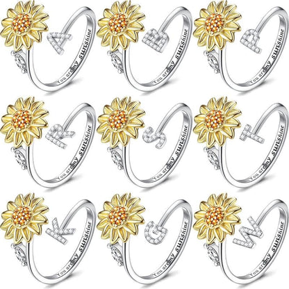 🌻 50% DE RÉDUCTION ! 💍 Bague Tournesol Toupie Initiale – Cuivre Plaqué Argent + Zircone – Ajustable & Anti-Anxiété for Femme
