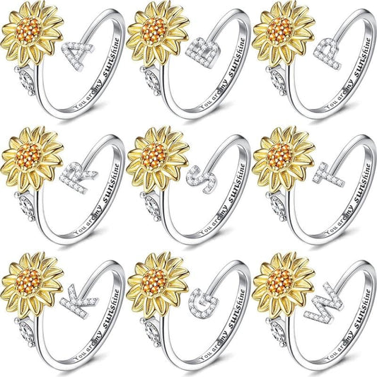 🌻 50% DE RÉDUCTION ! 💍 Bague Tournesol Toupie Initiale – Cuivre Plaqué Argent + Zircone – Ajustable & Anti-Anxiété for Femme