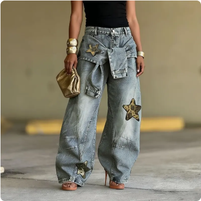 👖⭐ PROMO FLASH 50% ! Jean Unisexe Baggy avec Patchs Étoiles – Coupe Oversize, Tissu Polyester Durable, Ceinture Liée, 6 Tailles, Style Années 90 & Streetwear ✨