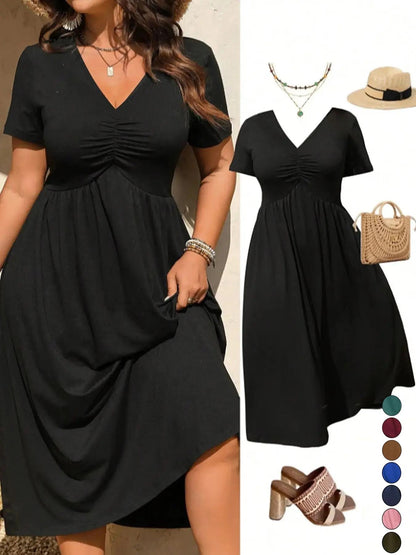 👗 PROMO EXCEPTIONNELLE 50% DE RÉDUCTION ! ✨ Robe Midi Grande Taille à Col V avec Volants et Manches Courtes – Tissu Fluide, Coupe Trapèze & Détails Froncés – L’Élégance au Quotidien de S à 5XL 🌸💃