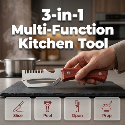 🔪✨ PROMO FLASH 50% ! Outil de Cuisine Multifonction 3-en-1 – Découpe Ciboules, Épluchage Légumes, Ouvre-Bouteille, Manche Bois Ergonomique ✨