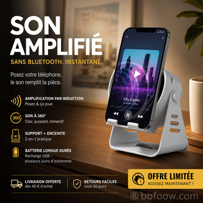 📱 50% DE RÉDUCTION – PLUS DE 33 000 VENDUS ! 🔊 Support Téléphone Haut-Parleur Induction – ABS – Son 360° & Batterie Rechargeable for Bureau & Chambre