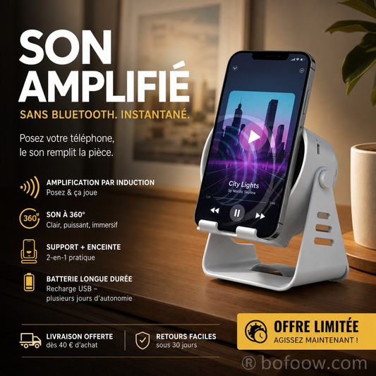 📱 50% DE RÉDUCTION – PLUS DE 33 000 VENDUS ! 🔊 Support Téléphone Haut-Parleur Induction – ABS – Son 360° & Batterie Rechargeable for Bureau & Chambre