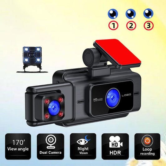 🚗 50% DE RÉDUCTION ! 📹 Caméra Bord Vision Nocturne 3 Canaux – 1080p & 3″ Écran – Avant/Arrière/Intérieur for Sécurité Auto