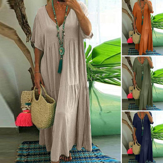 📢⏰ PROMO FLASH 50% ! Robe Longue Décontractée Femme à Manches Courtes – Décolleté en V, Tissu Coton/Fibre, Coupe Ample, 4 Couleurs, Style Bohème & Polyvalent 🌼