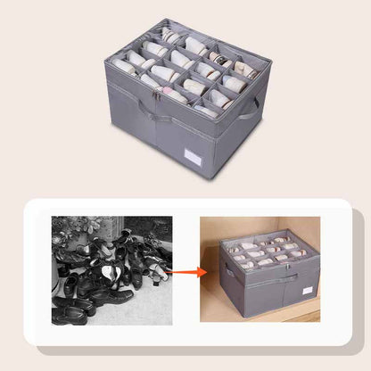 ⏳ -50% ! 🔍 Organisateur de Chaussures avec Séparateurs Réglables – Tissu Oxford – 45 L – 16 Compartiments – Couvercle Transparent – Gris/Noir 👟