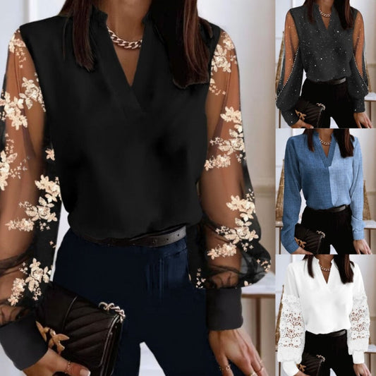 🌸👚 PROMO FLASH 50% ! Haut Femme Col V Manches Longues Transparentes – Tissu Léger Respirant, Motifs Variés, 4 Coloris, Tailles S-2XL ✨