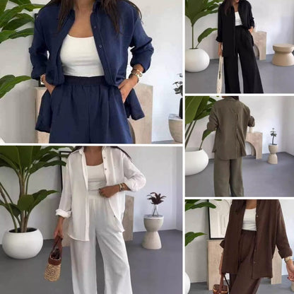 👚👖 PROMO FLASH 50% ! Ensemble Femme 2 Pièces Uni – Chemise Ample + Pantalon Large, 6 Couleurs, Tailles S-4XL, Tissu Respirant, Idéal Bureau & Quotidien 🌿