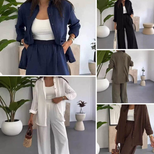 👚👖 PROMO FLASH 50% ! Ensemble Femme 2 Pièces Uni – Chemise Ample + Pantalon Large, Tissu Respirant, 6 Coloris, Tailles S-4XL, Idéal Bureau & Quotidien 🌿