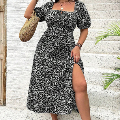 👗🌸 PROMO FLASH 50% ! Robe Longue Grande Taille Bohème – Imprimé Fleuri, Fente Latérale, Manches Courtes, Tissu Léger, 6 Couleurs, Taille L-4XL, Parfaite pour l'Été & Vacances ✨