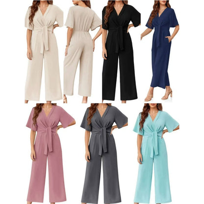 👗💫 PROMO LIMITÉE 50% ! Combinaison Femme Col V & Ceinture Nouée – Coupe Large, Tissu Doux & Respirant, 6 Couleurs, Style Polyvalent Élégant ✨
