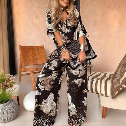 👗 PROMO LIMITÉE 50% DE RÉDUCTION ! 👕 Ensemble Haut Imprimé Col V + Pantalon Long Femme – Style Élégant, Léger & Confortable pour l'Été 🌞