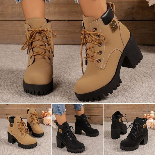 🔥【35-42】👢2025 Nouveauté pour cet automne : bottines à talons épais et semelles compensées – modèle rétro à lacets pour femmes