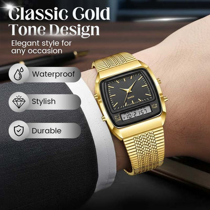⌚ PROMO LIMITÉE -50% ! ✨ Montre Rétro Carrée Double Affichage – Analogique & Numérique, Boîtier Zinc Durable, Bracelet Acier Inox · Or-Noir, Or, Noir & Or-Argent 🔋