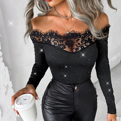 🔥55 % OFF👚Women's Lace Off The Shoulder Glitter Long Sleeve Top💕