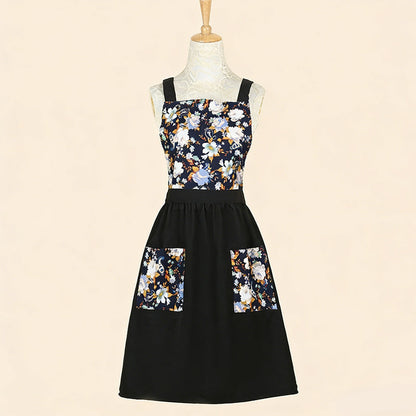 Floral Cotton Kitchen Apron with Pockets