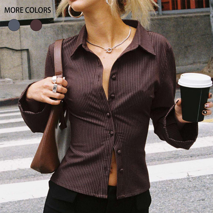 Camisa de manga larga a rayas con botones para mujeres