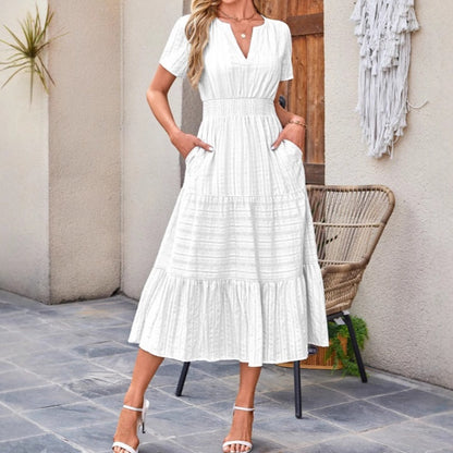 👗 PROMO -50% ! ⏰ Robe Longue Femme Col V Manches Courtes – Coton Respirant, Silhouette Fluide Flatteuse, Texture Plissée Élégante · 6 Coloris · S–2XL (EU 36-46) ✨