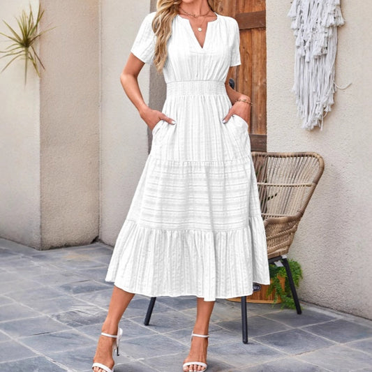 👗 PROMO -50% ! ⏰ Robe Longue Femme Col V Manches Courtes – Coton Respirant, Silhouette Fluide Flatteuse, Texture Plissée Élégante · 6 Coloris · S–2XL (EU 36-46) ✨