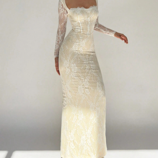 Vestido Maxi Bodycon de Manga Larga de Manga Larga de Encaje Sobrepuesto para Mujer