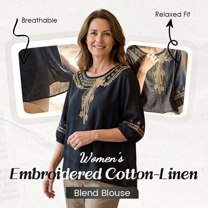 🌸👚 PROMO FLASH 50% ! Blouse Femme Brodée Coton-Lin – Broderie Florale, Encolure Ronde, Manches 3/4, 4 Couleurs, Tailles S-3XL, Idéale Printemps & Été 🌿