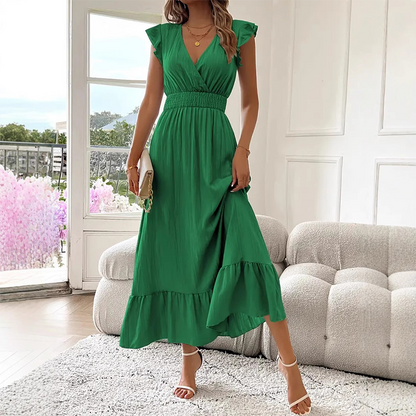 👗✨ PROMO FLASH 50% ! Robe Longue Femme Romantique – Col en V, Taille Cintrée, Volants, Tissu Fluide, 6 Couleurs, Parfaite pour Toutes Occasions 🌹