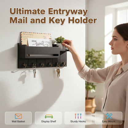 🎉 -50% ! 🔥 Porte-Courrier et Porte-Clés Mural avec Étagère – Bois – 30×12×7,8 cm – Noir/Naturel – Organisateur d’Entrée pour Courrier, Clés et Décoration 🏠