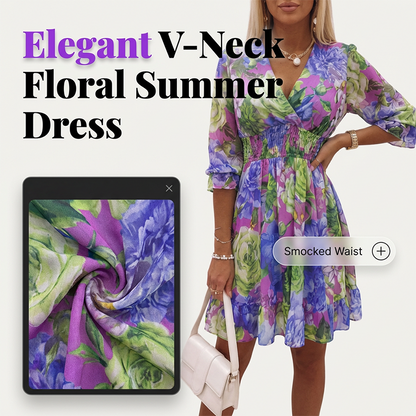 🌸💥 PROMO FLASH 50% ! Robe Trapèze Florale Col V – Légère, Smockée, Ourlet Volanté, 4 Couleurs, Tailles S-2XL, Idéale Été & Mariage 🌿