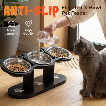 🐾 -50% AUJOURD’HUI ! 🔥 Mangeoire Surélevée 3 Bols – Bois Naturel + Acier Inoxydable – 43×15,7×7,5 cm – Base Antidérapante – Confort et Digestion – Noir 🍽️