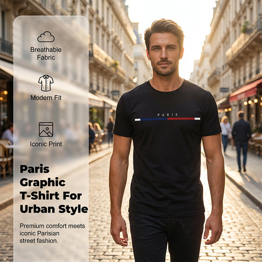 👕🗼 PROMO FLASH 50% ! T-shirt Homme Graphique Minimaliste "PARIS" – Design Parisien Tricolore, Tissu Infroissable Léger, Coupe Ajustée, 5 Couleurs Classiques 🌟