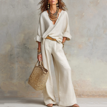✨🔥 PROMO FLASH 50% ! Ensemble 2 Pièces Femme – Haut Col V & Pantalon Large, Tissu Léger Polyester/Élasthanne, Style Chic & Naturel, Parfait pour Vacances & Quotidien 👒