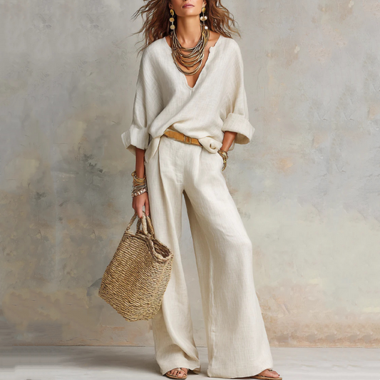 ✨🔥 PROMO FLASH 50% ! Ensemble 2 Pièces Femme – Haut Col V & Pantalon Large, Tissu Léger Polyester/Élasthanne, Style Chic & Naturel, Parfait pour Vacances & Quotidien 👒