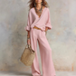 ✨🔥 PROMO FLASH 50% ! Ensemble 2 Pièces Femme – Haut Col V & Pantalon Large, Tissu Léger Polyester/Élasthanne, Style Chic & Naturel, Parfait pour Vacances & Quotidien 👒