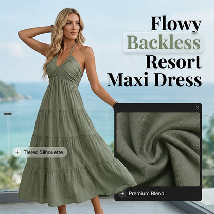 👗🚚💨 PROMO FLASH 50% + LIVRAISON GRATUITE! Robe Longue Dos Nu en Viscose – Col Licou Réglable, Coupe Fluide & Volants, Style Bohème Romantique 🌸