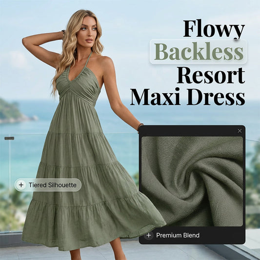 👗🚚💨 PROMO FLASH 50% + LIVRAISON GRATUITE! Robe Longue Dos Nu en Viscose – Col Licou Réglable, Coupe Fluide & Volants, Style Bohème Romantique 🌸