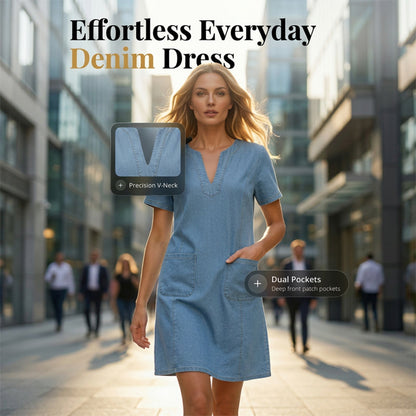 👗✨ PROMO FLASH 50% ! Robe Femme en Denim – Col en V, Manches Courtes, Coupe Décontractée, Tissu Léger & Polyvalent, Multi-Tailles pour l'Été & le Quotidien 🌞