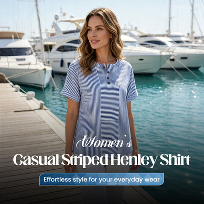 🥳🔥 PROMO FLASH 50% ! T-shirt Femme Henley Rayé Décontracté – Col Boutonné, Tissu Léger, Coupe Confy, Style Bohème Chic pour l'Été 💞