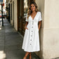 🌸☀️ PROMO FLASH 50% ! Robe d'Été Col V & Boutons Femme – Taille Empire, Tissu Respirant, Poches Latérales, 4 Coloris, Tailles S-3XL, Idéale Quotidien & Rendez-vous ✨