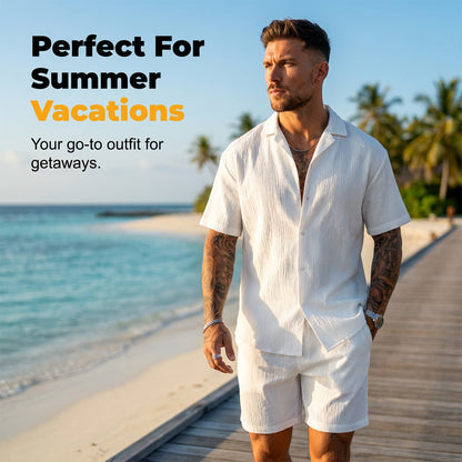 👔 PROMO FLASH 50% ! ☀️ Chemise Homme à Manches Courtes & Col Camp – Tissu Texturé Froissé, Léger & Respirant – Coupe Décontractée 🌴