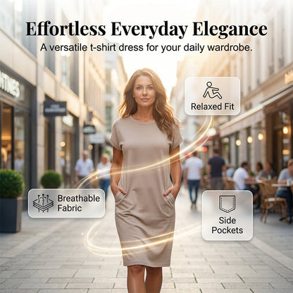 👗 PROMO LIMITÉE -50% ! 🌸 Robe T-Shirt Femme Midi – Tissu Doux Respirant, Poches Cachées, Coupe Ample Flatteuse · Beige, Noir, Rose · S–5XL ☁️