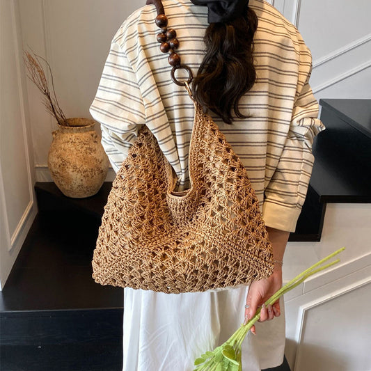 📢⏰ PROMO FLASH 50% ! Sac Fourre-Tout Tissé Artisanal – Motif Bicolore Unique, Poignées à Perles, Doublure Intérieure, Style Bohème Chic & Polyvalent 🧺